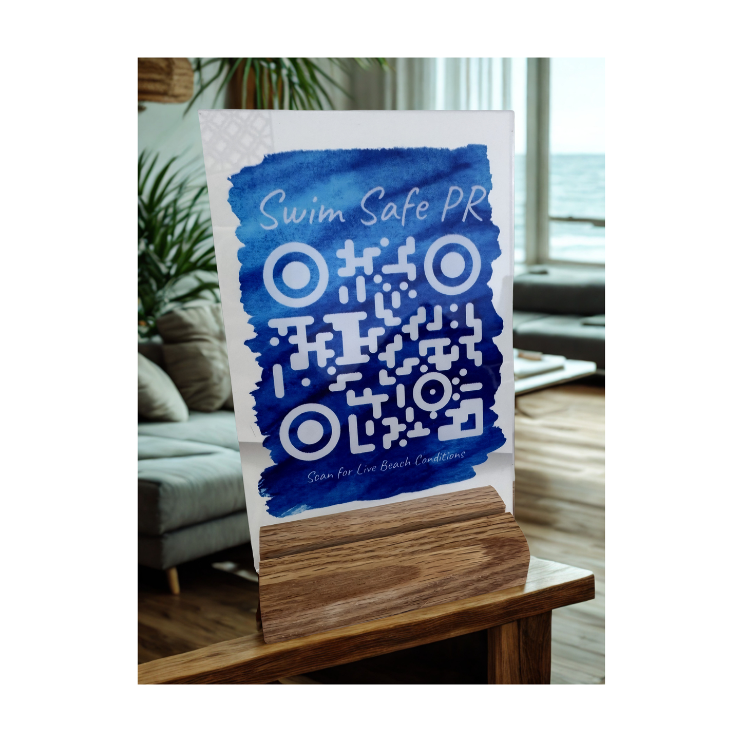 Swim Safe Puerto Rico Scannable Acrylic QR Sign (4x6 inch) with Wood Stand.